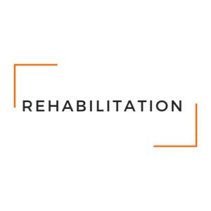 A white background with the word rehabilitation written in black.